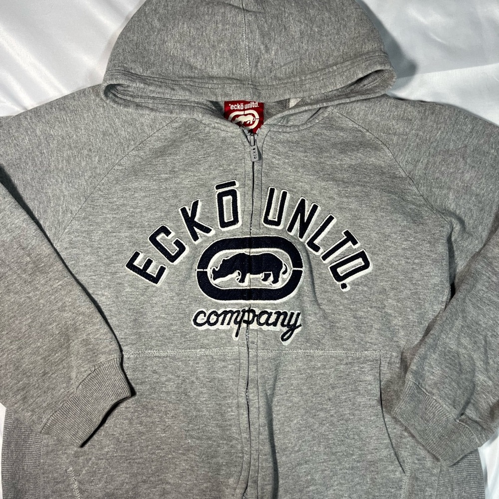Vintage ECKO UNLTD Rhino‎ Hoodie Youth M Gray Zip Up Sweatshirt Y2K